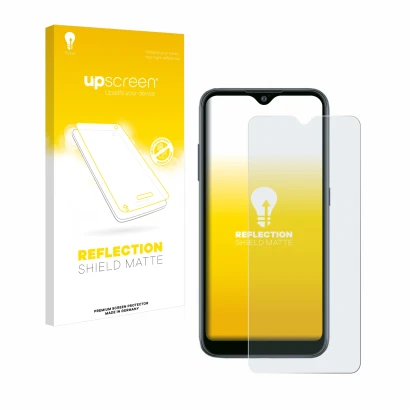 Face avant d’un emballage produit avec le logo de la marque upscreen. À côté, l’appareil Samsung Galaxy A02 est représenté ave