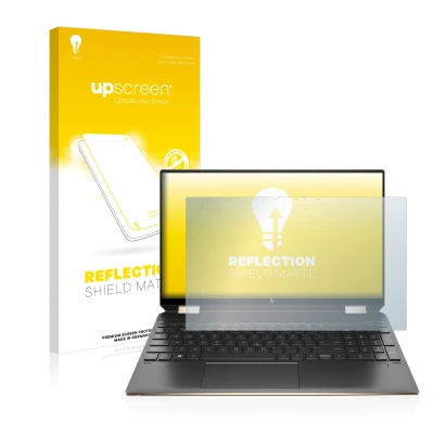 Face avant d’un emballage produit avec le logo de la marque upscreen. À côté, l’appareil HP Spectre x360 (15-eb) (359.9 mm x 2