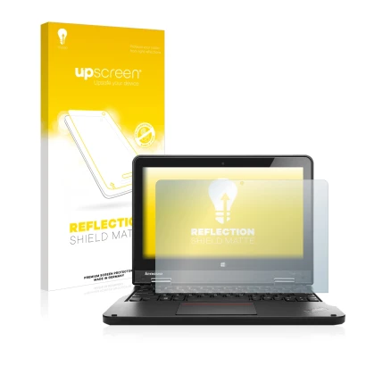 Face avant d’un emballage produit avec le logo de la marque upscreen. À côté, l’appareil Lenovo ThinkPad Yoga 11e 6.Gen est re