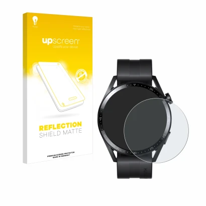 Face avant d’un emballage produit avec le logo de la marque upscreen. À côté, l’appareil Huawei Watch GT 3 (46 mm) est représe