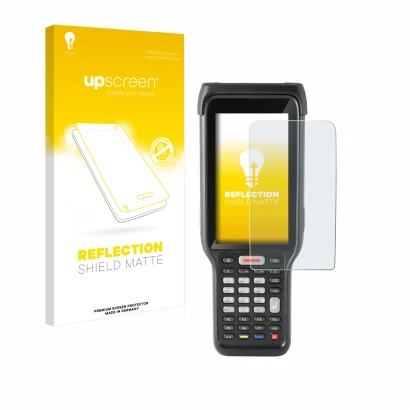 Face avant d’un emballage produit avec le logo de la marque upscreen. À côté, l’appareil Honeywell ScanPal EDA61K est représen