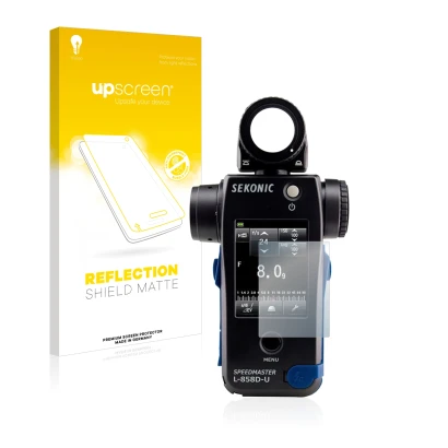 Face avant d’un emballage produit avec le logo de la marque upscreen. À côté, l’appareil Sekonic L858D est représenté avec la