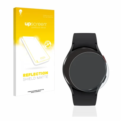Face avant d’un emballage produit avec le logo de la marque upscreen. À côté, l’appareil Samsung Galaxy Watch 4 (40mm) est rep