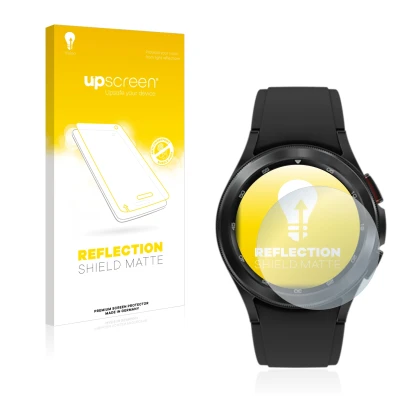 Face avant d’un emballage produit avec le logo de la marque upscreen. À côté, l’appareil Samsung Galaxy Watch 4 Classic (42mm)
