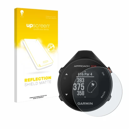 Face avant d’un emballage produit avec le logo de la marque upscreen. À côté, l’appareil Garmin Approach G12 est représenté av