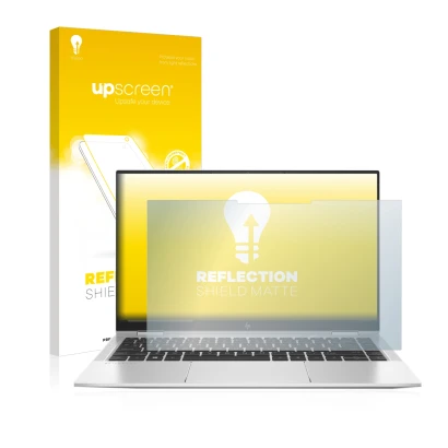 Face avant d’un emballage produit avec le logo de la marque upscreen. À côté, l’appareil HP Elitebook x360 1040 G7 est représe