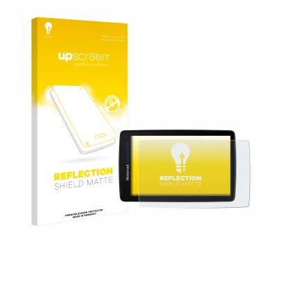 Face avant d’un emballage produit avec le logo de la marque upscreen. À côté, l’appareil BMW Navigator VI est représenté avec 