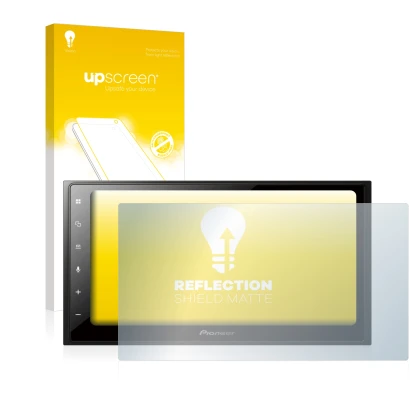 Face avant d’un emballage produit avec le logo de la marque upscreen. À côté, l’appareil Pioneer SPH-DA250DAB est représenté a