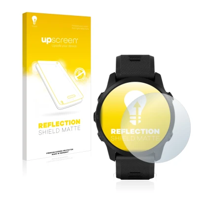 Face avant d’un emballage produit avec le logo de la marque upscreen. À côté, l’appareil Garmin Forerunner 945 LTE est représe