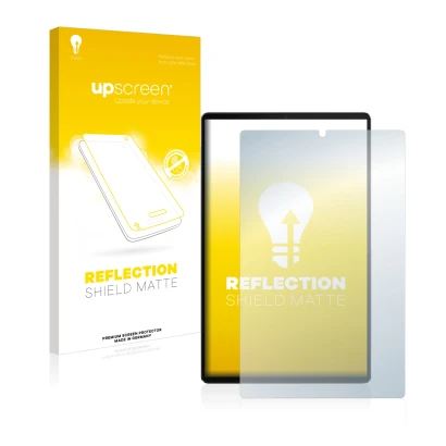 Face avant d’un emballage produit avec le logo de la marque upscreen. À côté, l’appareil Lenovo Tab M10 FHD Plus est représent