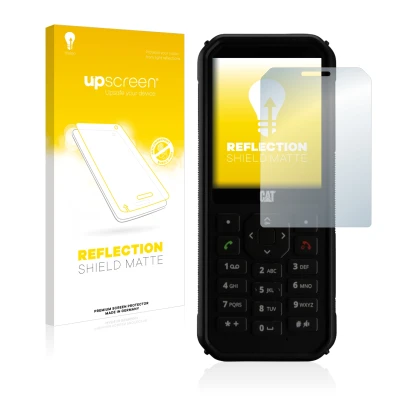 Face avant d’un emballage produit avec le logo de la marque upscreen. À côté, l’appareil Caterpillar Cat B40 est représenté av