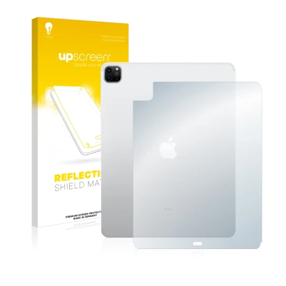 Face avant d’un emballage produit avec le logo de la marque upscreen. À côté, l’appareil Apple iPad 12.9