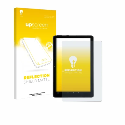 Face avant d’un emballage produit avec le logo de la marque upscreen. À côté, l’appareil Amazon Fire HD 10 2021 (11ème Gen.) e