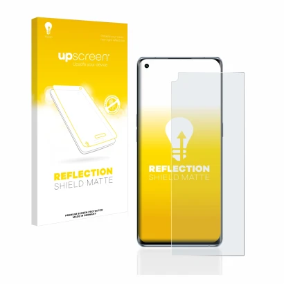 Face avant d’un emballage produit avec le logo de la marque upscreen. À côté, l’appareil Oppo Reno 6 Pro Plus 5G est représent