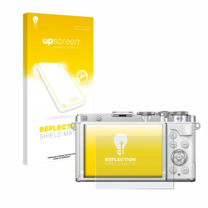 Face avant d’un emballage produit avec le logo de la marque upscreen. À côté, l’appareil Olympus PEN E-P7 est représenté avec