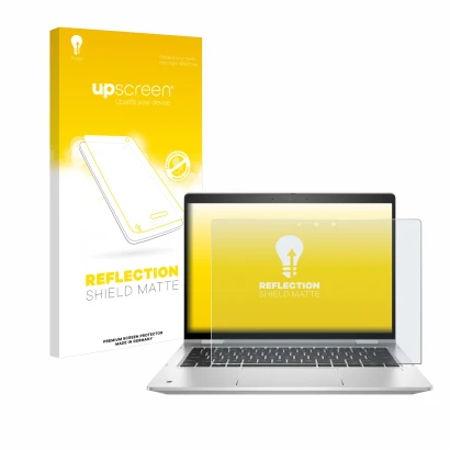 Face avant d’un emballage produit avec le logo de la marque upscreen. À côté, l’appareil HP ProBook x360 435 G8 est représenté