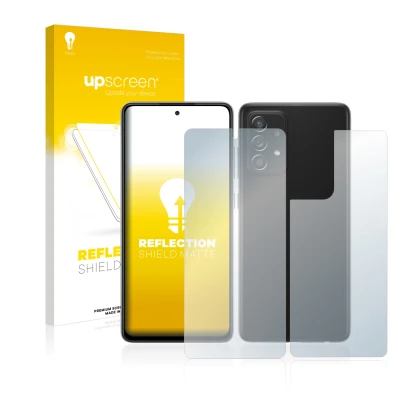 Face avant d’un emballage produit avec le logo de la marque upscreen. À côté, l’appareil Samsung Galaxy A52s 5G (Avant+Arrière
