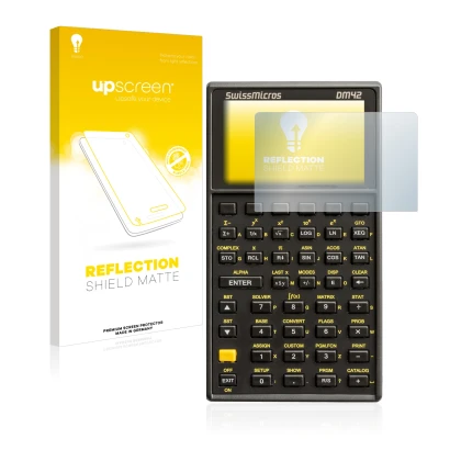 Face avant d’un emballage produit avec le logo de la marque upscreen. À côté, l’appareil SwissMicros DM42 est représenté avec 