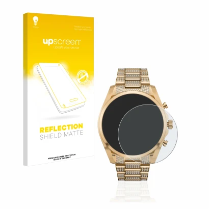 Face avant d’un emballage produit avec le logo de la marque upscreen. À côté, l’appareil Michael Kors Access Gen 6 Bradshaw es