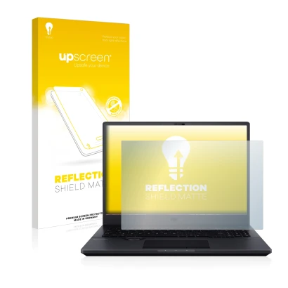 Face avant d’un emballage produit avec le logo de la marque upscreen. À côté, l’appareil ASUS ProArt StudioBook Pro 16 OLED es