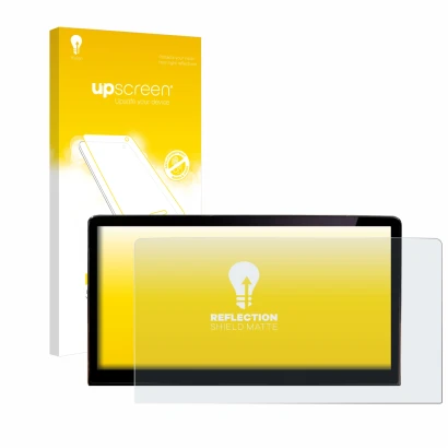 Face avant d’un emballage produit avec le logo de la marque upscreen. À côté, l’appareil Skoda Enyaq iV 80 2021 Infotainment S