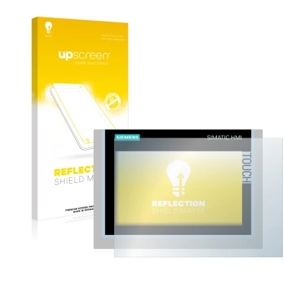 Face avant d’un emballage produit avec le logo de la marque upscreen. À côté, l’appareil Siemens Simatic HMI TP700 Comfort est