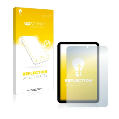 Face avant d’un emballage produit avec le logo de la marque upscreen. À côté, l’appareil Apple iPad Mini 6 2021 est représenté