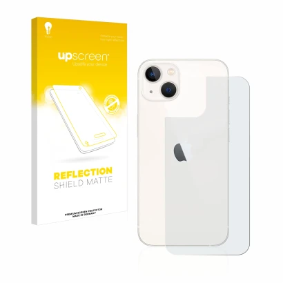 Face avant d’un emballage produit avec le logo de la marque upscreen. À côté, l’appareil Apple iPhone 13 (Arrière) est représe