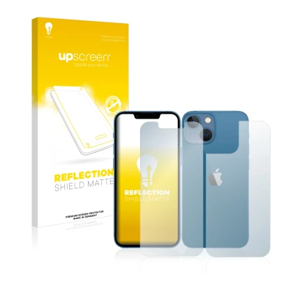Face avant d’un emballage produit avec le logo de la marque upscreen. À côté, l’appareil Apple iPhone 13 mini (Avant+Arrière)