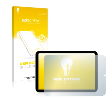 Face avant d’un emballage produit avec le logo de la marque upscreen. À côté, l’appareil Apple iPad Mini 6 2021 (en paysage, 6