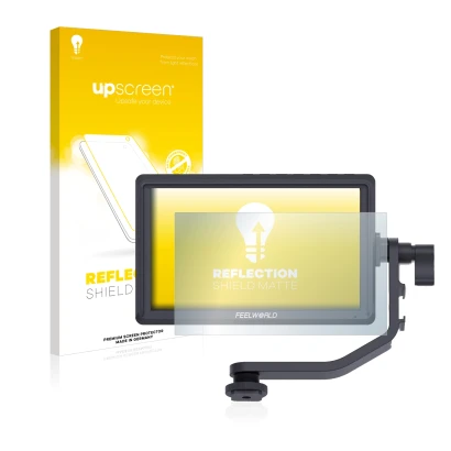 Face avant d’un emballage produit avec le logo de la marque upscreen. À côté, l’appareil Feelworld FW568 5.5" est représenté a