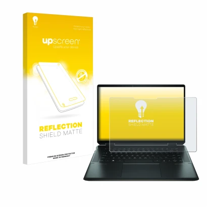 Face avant d’un emballage produit avec le logo de la marque upscreen. À côté, l’appareil HP Spectre x360 16" 2-in-1 2021 est r