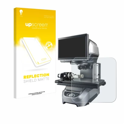 Face avant d’un emballage produit avec le logo de la marque upscreen. À côté, l’appareil Keyence IM-8020 Dessus en verre est r