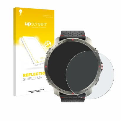 Face avant d’un emballage produit avec le logo de la marque upscreen. À côté, l’appareil Polar Grit X Pro Titan est représenté