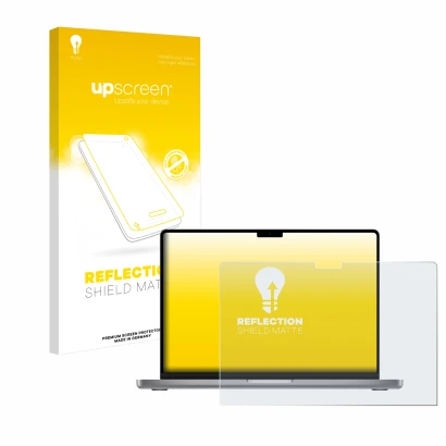 Face avant d’un emballage produit avec le logo de la marque upscreen. À côté, l’appareil Apple MacBook Pro 14