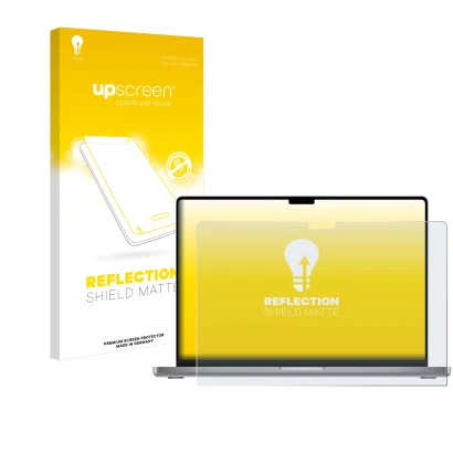 Face avant d’un emballage produit avec le logo de la marque upscreen. À côté, l’appareil Apple MacBook Pro 16