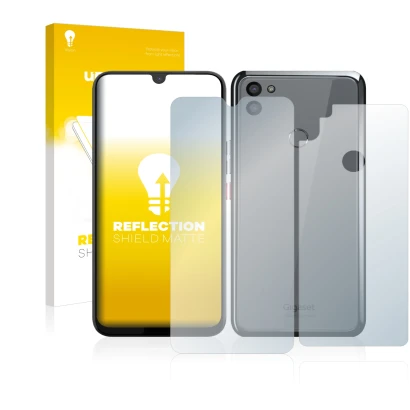 Face avant d’un emballage produit avec le logo de la marque upscreen. À côté, l’appareil Gigaset GS5 (Avant+Arrière) est repré