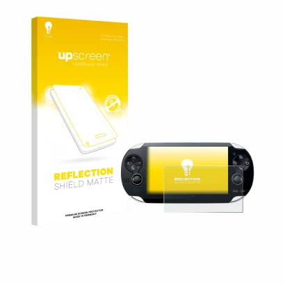 Face avant d’un emballage produit avec le logo de la marque upscreen. À côté, l’appareil Sony Playstation PS Vita est représen