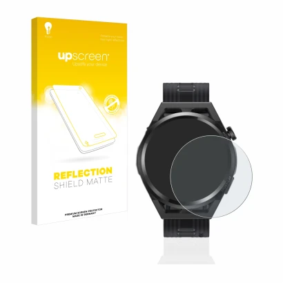 Face avant d’un emballage produit avec le logo de la marque upscreen. À côté, l’appareil Huawei Watch GT Runner est représenté