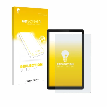 Face avant d’un emballage produit avec le logo de la marque upscreen. À côté, l’appareil Lenovo Tab TB-X306F est représenté av