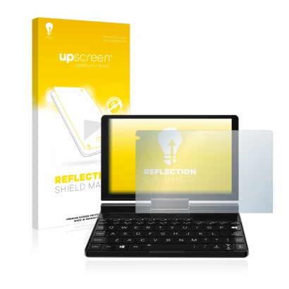 Face avant d’un emballage produit avec le logo de la marque upscreen. À côté, l’appareil GPD Pocket 3 est représenté avec la p