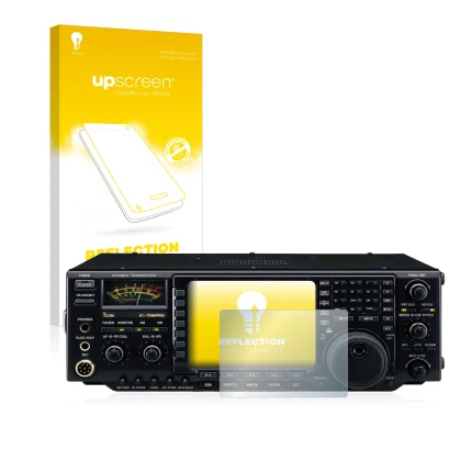 Face avant d’un emballage produit avec le logo de la marque upscreen. À côté, l’appareil Icom IC-756 Pro III est représenté av