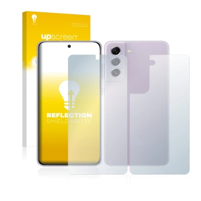 Face avant d’un emballage produit avec le logo de la marque upscreen. À côté, l’appareil Samsung Galaxy S21 FE 5G (Avant+Arriè