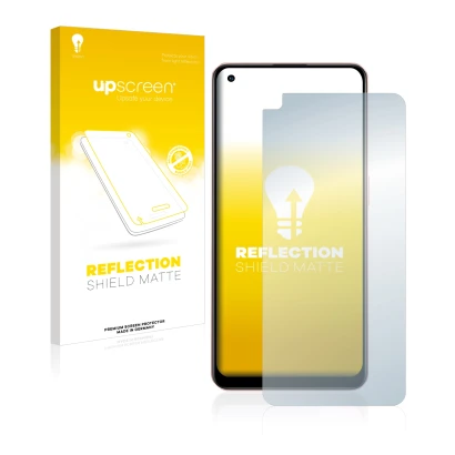 Face avant d’un emballage produit avec le logo de la marque upscreen. À côté, l’appareil Oppo A96 est représenté avec la prote