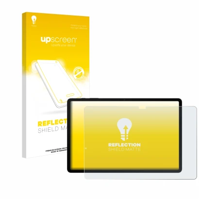 Face avant d’un emballage produit avec le logo de la marque upscreen. À côté, l’appareil Samsung Galaxy Tab S8 Plus WiFi est r