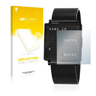 Face avant d’un emballage produit avec le logo de la marque upscreen. À côté, l’appareil Qlocktwo W35 est représenté avec la p