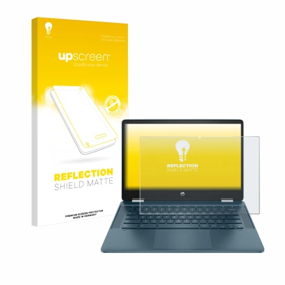 Face avant d’un emballage produit avec le logo de la marque upscreen. À côté, l’appareil HP Chromebook x360 (14b-cbX) est repr
