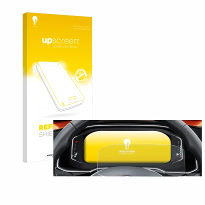 Face avant d’un emballage produit avec le logo de la marque upscreen. À côté, l’appareil Volkswagen Polo 6 Digital Cockpit Pro
