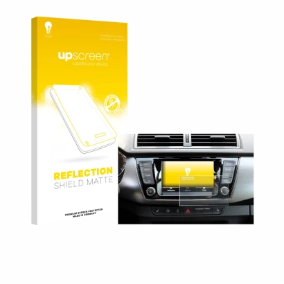 Face avant d’un emballage produit avec le logo de la marque upscreen. À côté, l’appareil Skoda Fabia 3 Combi 6.5" est représen