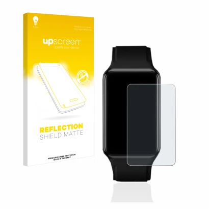 Face avant d’un emballage produit avec le logo de la marque upscreen. À côté, l’appareil Oppo Watch Free est représenté avec l